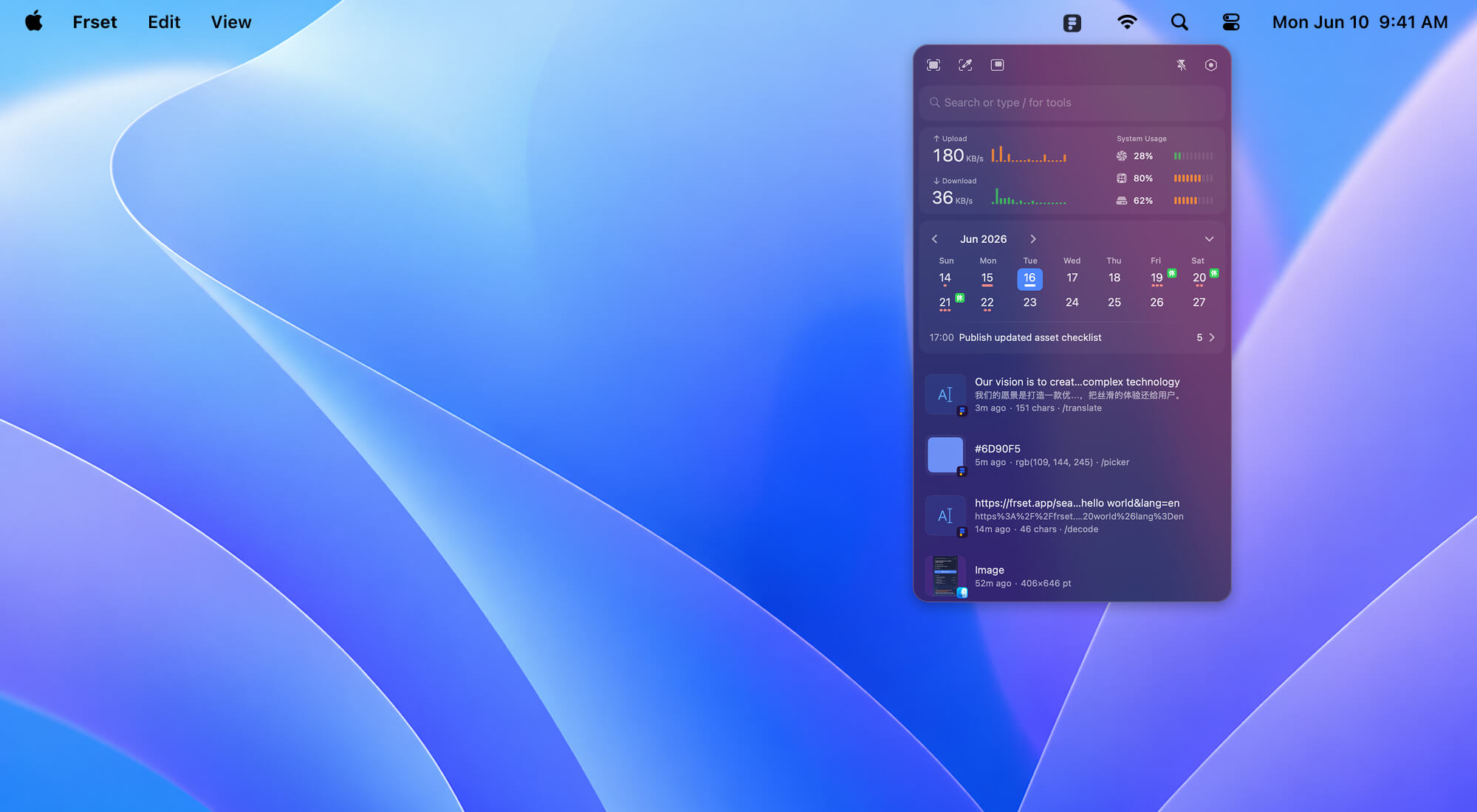 Frset workspace showing clipboard, screenshots, quick search, notes, calendar, and tools in one Mac app